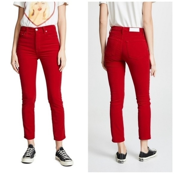 NWT RE/DONE Bella Hadid Red Velvet High Waist Button Fly Ankle Crop Slim Jean 26 - Picture 6 of 15